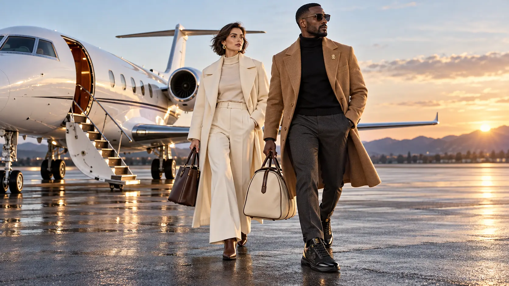 A diverse adult campaign cast in winter tailoring beside a private aircraft