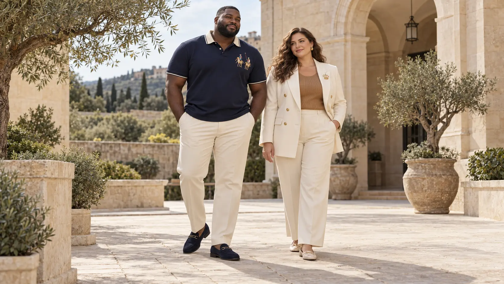 Big and Tall Durbar styling on a tall broad Black man and a plus-size white woman