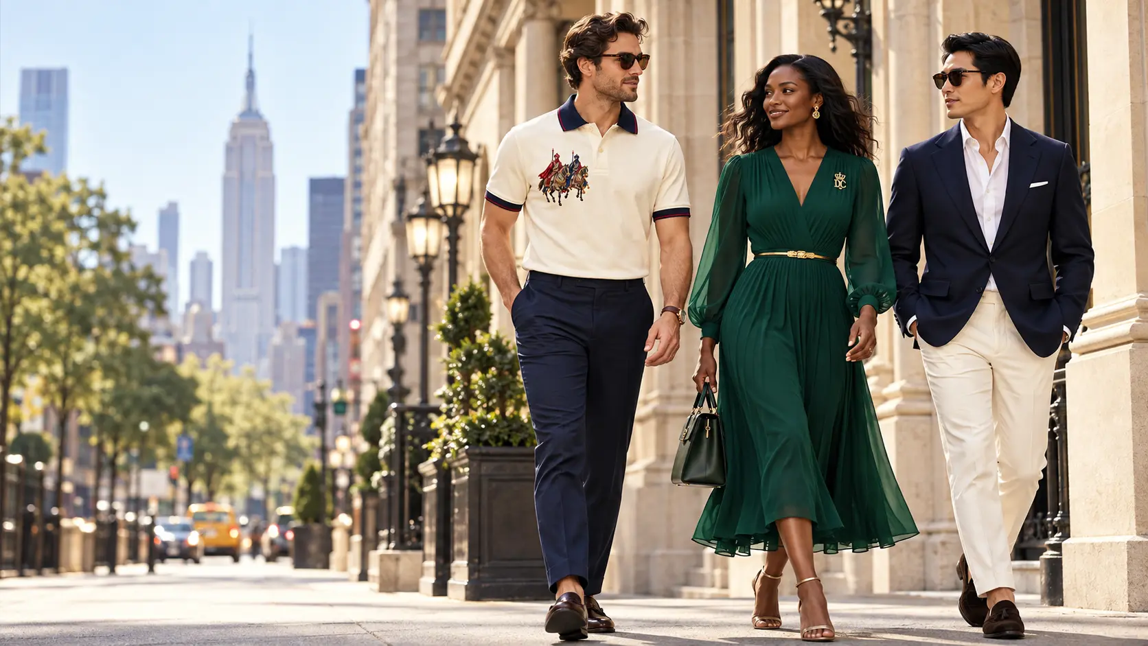 A diverse Durbar campaign cast wearing ivory, navy and emerald in New York