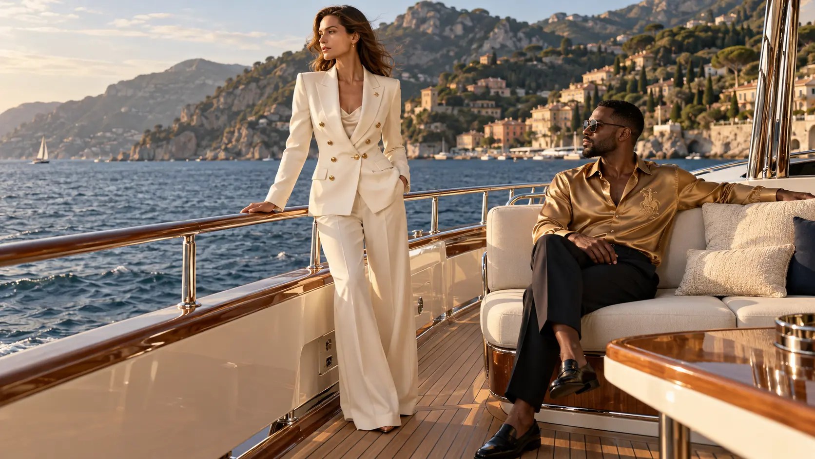 An ivory tailored ensemble and gold rider shirt aboard a yacht on the Riviera